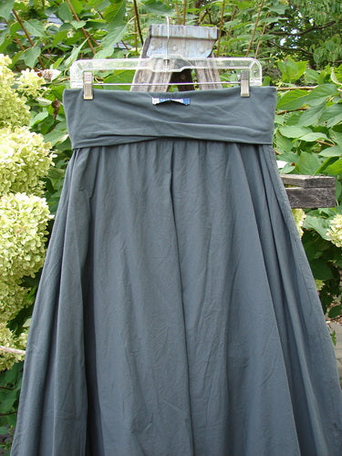 Barclay NWT Batiste Fold Over Stardust Tier Skirt Atlas Grey Size 0: A long, charcoal gray skirt with a wide waistband and flowing tiers, hanging on a fence, showcasing its full, elegant drape.