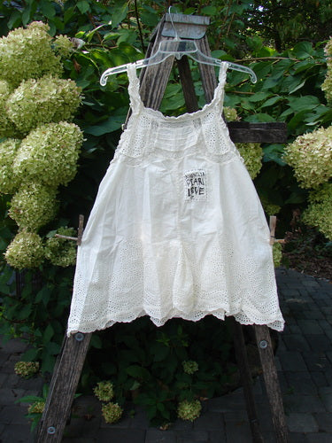 Magnolia Pearl NWT Embroidered Eyelet Cotton Clementine Tank True OSFA showcased outdoors, featuring intricate eyelet lace trim, pintucked details, and laced straps, draped elegantly over a wooden trellis amidst lush greenery.