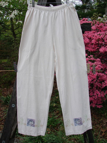 1996 Simple Pant Sea Life Birch Bark Size 1, features cropped inseam, sea life print, elastic waist, side pockets, displayed standing outdoors.