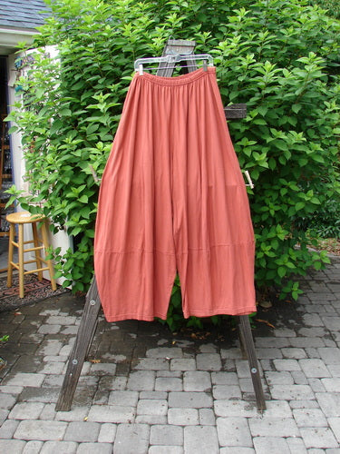 Barclay 4 Square Pant Unpainted Fall Pumpkin Size 2: Light-weight organic cotton pants on a rack. Unique bottom cut forms a 3D diamond from knee down. Drape and movement create interesting silhouette. Pocketless sway. Waist 32-42, Hips 72, Inseam 27, Length 45.