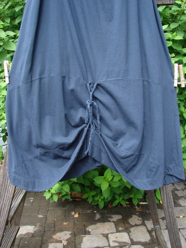 A blue dress on a clothesline, made from organic cotton. Features include a full elastic waistband, varying hemline, and extra long rippie cord. Size 2.