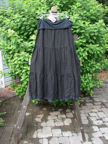 Barclay NWT Linen Fold Over Three Tier Skirt, black dress on clothes rack, cotton lycra waistline panel, frayed batiste hem, size 2.