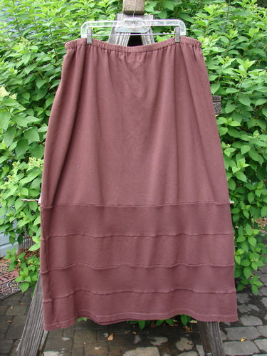 Barclay Interlock Rib Panel Skirt in Sepia, Size 2. Full elastic waist, generous shape. Horizontal ribbed panels alternating with smooth cotton knitting. Weighted and textured. Length: 38 inches.