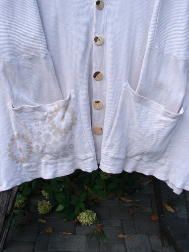 1997 Thermal Voyage Roadside Jacket Windy Floral Shell OSFA features a cream ribbed design, wooden buttons, two hip-level patch pockets, and a distinctive brownish stain on the left pocket area.