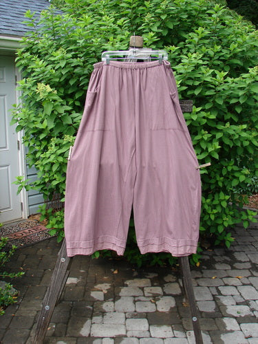 A pair of Barclay Batiste Bottom Double Flutter Pants in Dusty Rose, size 2, on a clothes rack. Made from medium weight organic cotton, these pants feature a full replaced elastic waistband, double layer flutter batiste accents, and deep front entry pockets. Unpainted and in perfect condition.