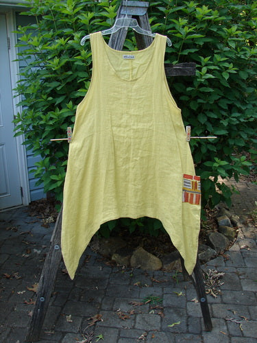 Barclay Linen Single Side Pocket Pinafore Geos Sunshine Size 1 with an A-line flair, deep scoop neckline, dippy sides, and a unique exterior painted pocket, displayed outdoors on a clothesline.