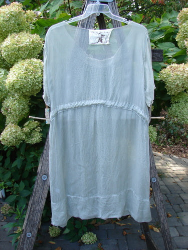 Magnolia Pearl Silk Voile Smocked Tie Back Dress Lightest Sage OSFA hangs gracefully, showcasing its semi-sheer fabric, scooped neckline, and empire waist seam, set against a garden background with green hydrangeas.