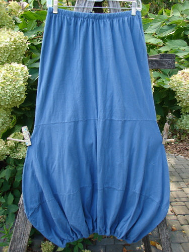 Barclay NWT Sprig Skirt Script Garden Echo Blue Size 0, featuring a cobalt-blue, reverse bell shape with a gathered hem, elastic waistband, and artistic paneling, displayed outdoors against a leafy background.
