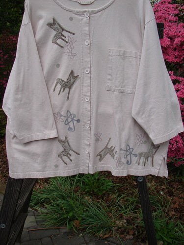 Vintage 1995 Stargazer Jacket with Chair Row Atom design from China. Features include oversized breast pocket, pressed paper buttons, and drop shoulders. Made from mid-weight cotton. Bust 58, Waist 58, Hips 58, Length 32.