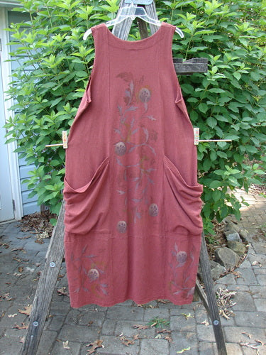 Barclay Cotton Hemp Double Drop Pocket Jumper Curl Vine Cinnabar Size 0 features a square V-neckline, oversized wrap pockets, sectional panels, and a curl vine pattern, highlighting Bluefishfinder.com's vintage style.