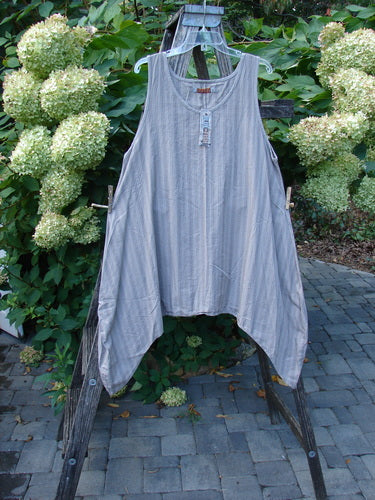 Barclay NWT Percale Hado Shift in Stripe Moon Rock Sand Size 1, displayed outdoors, features an A-line cut, asymmetrical hem, deeper scoop neckline, and vertical pinstripes, highlighting its unique design and craftsmanship.