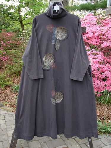 Vintage 1995 Omega Dress Moonflower Bloomsberry Size 2: A grey A-line dress with a hood, flower design, and deep pockets, embodying Blue Fish's creative freedom for women.