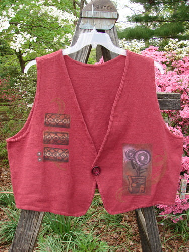 Vintage 1995 Reprocessed Jazz Vest with Lollyflower Paint, Hollyberry, Size 2. Unique design on red cotton vest, single button closure, deep V neck, crop length. Perfect condition. From BlueFishFinder.com.