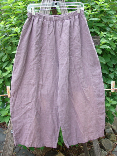Barclay Linen Every Day Curve Pant Unpainted Dusty Plum Size 1, featuring a full elastic waistband, billowing fall, and curved panels, displayed outdoors on a clothesline with a focus on its unique shape and design.