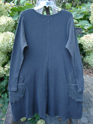 Barclay NWT Thermal Cloud Forest Pocket Tunic Unpainted Smoke Size 0, featuring long sleeves, an A-line flare, two front patch pockets, and an upward scooped hemline, displayed against hydrangeas.