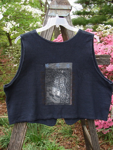 Vintage 1995 Reprocessed Jazz Vest featuring Star Gal theme on black cotton. Single button closure, deep V-neck, crop length. Bust 46, waist 46, front length 20, back length 18 inches. From BlueFishFinder.com.
