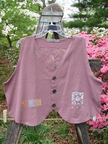 Vintage 1996 Folk Vest Sun Power Petunia Size 2 by BlueFishFinder: Light cotton vest with unique drape, shirttail front, matching buttons, and cropped rear. Features Blue Fish stamp and sun theme paint.