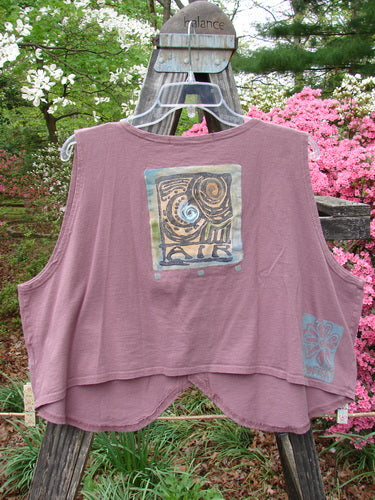 1996 Folk Vest Sun Power Petunia Size 2 from BlueFishFinder.com: Light Organic Cotton shirt with graphic design, shirttail front, matching buttons, V neckline, and unique Sun Power theme paint.