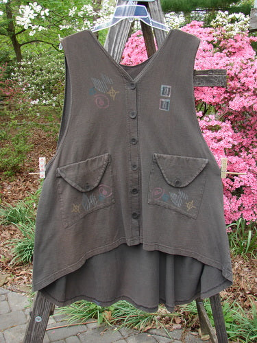 Vintage 1994 Love Letter Vest with Ginger Pot theme in Edo Black, featuring A-line shape, diagonal pockets, and Blue Fish patch. From BlueFishFinder's collection, offering creative freedom in women's vintage fashion.