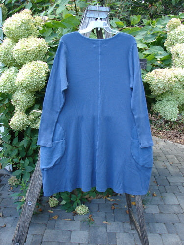 Barclay NWT Thermal Cloud Forest Pocket Tunic Top Unpainted Vintage Indigo Size 1 hangs on a wooden ladder outdoors, showcasing its loose fit, long sleeves, and large patch pockets against a green foliage backdrop.