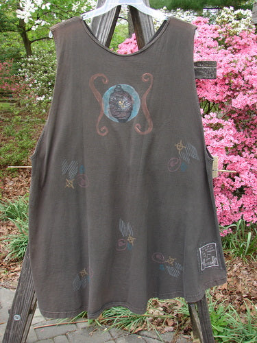 Vintage 1994 Love Letter Vest featuring a Ginger Pot design in Edo Black. A unique A-line shape with diagonal pockets, scoop hemline, and Blue Fish buttons. Signature patch detail. Bust 20, Waist 56, Hips 64. From BlueFishFinder.com.