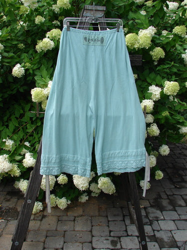 1992 Pantaloon Unpainted Blue Tourmaline OSFA: Midweight cotton pants with antique lace and silk ribbon accents on a clothes rack.