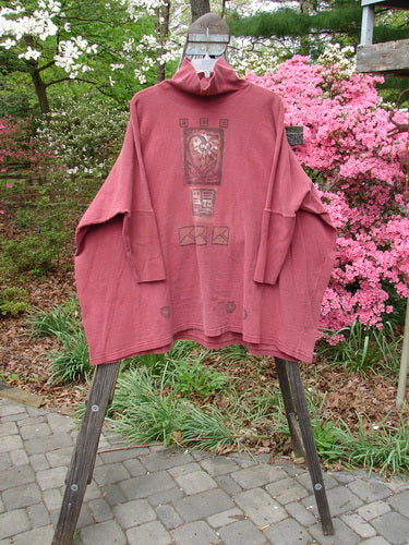 Vintage 1995 Reprocessed Modernist Top with Heart Flower Theme in Hollyberry. Features include Ribbed Turtleneck, A-Line Shape, Drop Shoulders, and Blue Fish Patch. Size OSFA. From BlueFishFinder.com.