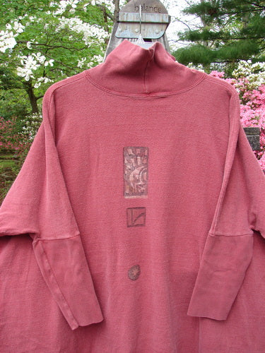 Vintage 1995 Reprocessed Modernist Top with Heart Flower Theme and Blue Fish Patch in Hollyberry. A unique A-line silhouette with ribbed turtleneck and drop shoulders. Perfect for creative self-expression. OSFA.
