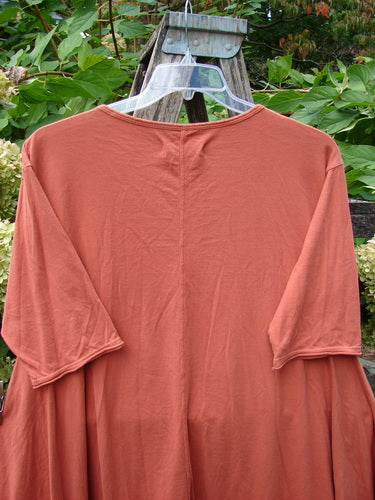 Barclay NWT Origami Tunic Top Berrie Patch Orange Cachi Size 0, displayed on a rustic wooden rack, features a loose-fitting design with open sides, an oval neckline, and raw flutter edgings.