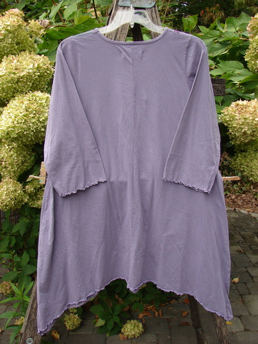 Barclay NWT Three Quarter Sleeve Color Wheel Tunic Many Moons Violet Size 0, featuring a rounded neckline, A-line shape, and lettuce-edged sleeves, displayed outdoors on a wooden rack.