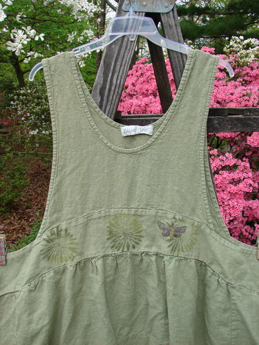 1998 Botanicals Leafhopper Jumper Apron Butterfly Elm OSFA: Oversized linen jumper with nature-themed paint, double paneled waist, and scooped neckline. Perfect for layering. From BlueFishFinder's Vintage Blue Fish Clothing collection.