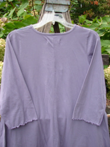 Barclay NWT Three Quarter Sleeve Color Wheel Tunic Many Moons Violet Size 0: Loose-fitting lavender tunic with three-quarter lettuce-edged sleeves, round neckline, and A-line shape, displayed outdoors against garden foliage.