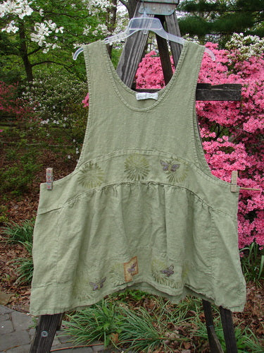 Vintage 1998 Botanicals Leafhopper Jumper Apron Butterfly Elm OSFA, a unique piece from BlueFishFinder's Spring Botanicals Collection. Heavy linen with nature-themed paint, double-paneled waist, and bib-style neckline. One size fits all.