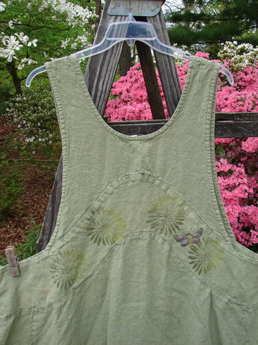 Vintage 1998 Botanicals Leafhopper Jumper Apron Butterfly Elm OSFA, a unique piece from BlueFishFinder. Heavy linen, nature-themed paint, double-paneled waist, and bib-style neckline on a green overall.