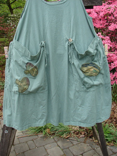 Vintage Blue Fish Clothing: 1998 Harvest Pinafore Organic Garden Kale Size 1. Features include drawcord gathers, oversized painted pockets, six sectional panels, original buttons, and veggie-themed paint. Identical cut front or back.