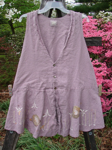 Vintage 1999 Fresco Vest in Heliotrope with Spin Flower Theme, Size 2, by BlueFishFinder. Features include deep V neckline, pearly buttons, drop waist seam, flirty flounce, and gathered back fabric. Feminine and unique.
