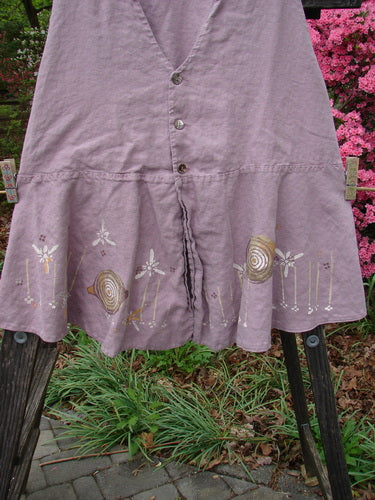 Vintage 1999 Fresco Vest in Heliotrope with Spin Flower Theme, Size 2. Deep V Neckline, Pearly Buttons, Drop Waist Seam, Flirty Flounce, Gathered Back Fabric. Bust 46, Waist 48, Hips 64.