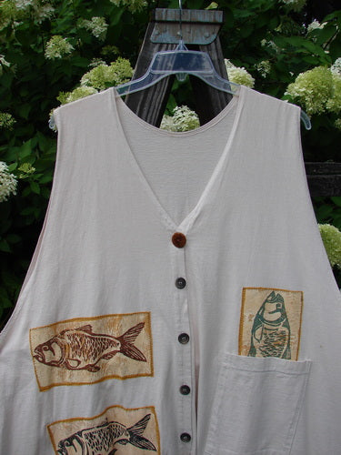 1992 Patched Triangle Vest with Vintage Duel Fish Patches - Mid Weight Cotton Jersey - Varying Hemline - Blue Fish Buttons - Oversized Drop Pocket - Flared Hemline - Rare Beauty