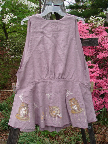 Vintage 1999 Fresco Vest in Heliotrope with Spin Flower Theme, Size 2. Medium Weight Linen. Deep V Neckline, Pearly Buttons, Drop Waist Seam, Flirty Flounce. Bust 46, Waist 48, Hips 64. Front Length 33, Back Length 29 Inches.