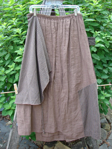 Barclay Linen Every Way Apron Skirt Stripe Mocha Size 0 features a full elastic waist with belt loops, striped side apron, sectional stripe panels, and exterior stitchery, embodying Bluefishfinder.com's vintage-inspired aesthetic.