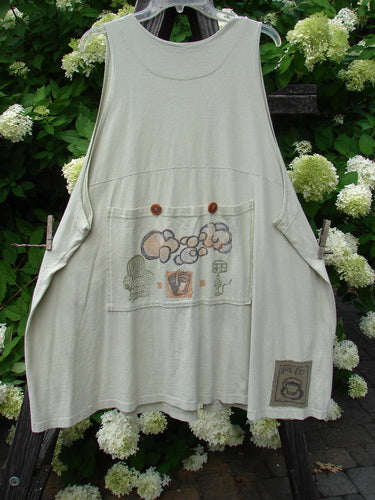 1994 Fishing Vest Magic Garden Aloe OSFA: A white apron with a drawing on it, featuring a magic garden theme and floral design.