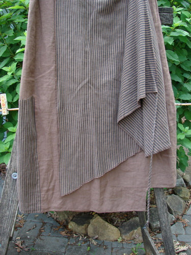 Barclay Linen Every Way Apron Skirt Stripe Mocha Size 0 features a full elastic waist, striped side apron, and sectional panels, showcasing intricate exterior stitchery, reflecting Bluefishfinder.com's vintage creative style.