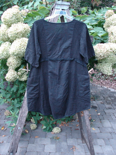 Barclay NWT Linen Pucker Heart and Soul Pocket Dress Unpainted Black Size 0 with a scoop neckline, elbow-length sleeves, gathered waist, side pockets, and textured fabric, hanging outdoors on a wooden ladder.