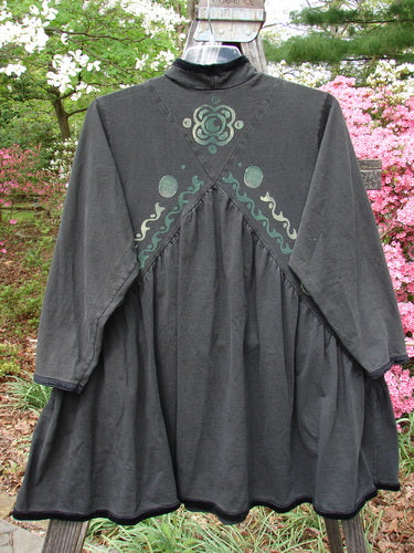 Vintage 1996 Velvet Criss Cross Dress in Ebony, Size 1. Organic Jersey with Velvet Accents. Unique criss-cross design, gathered front and back, Celtic-themed paint accents. Versatile and creative piece from BlueFishFinder's collection.