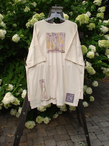 Image alt text: "1997 Island Beach Jacket with sea sprig design on white shirt, featuring oversized buttons and vented sides"