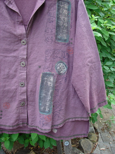 Barclay Hemp Cotton Metal Button Workshirt Asian Script Plum Wine Size 0 featuring contrasting stitchery, metal buttons, a stand-up collar, and Asian script detailing, embodying BlueFishFinder's vintage and expressive clothing style.