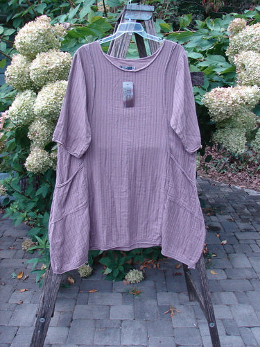 Barclay NWT Gauze Daily Pocket Dress Stripe Rose Earth Size 0, hanging on a ladder. Features rolled edges, vertical seams, and front pockets, displayed in a garden setting with hydrangeas.