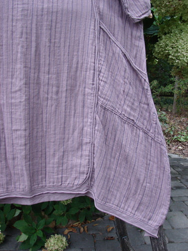 Barclay NWT Gauze Daily Pocket Dress Stripe Rose Earth Size 0 features a pin-striped pattern, A-line shape, and rolled edges, displayed on a hanger with visible pocket detail and hem stitching.