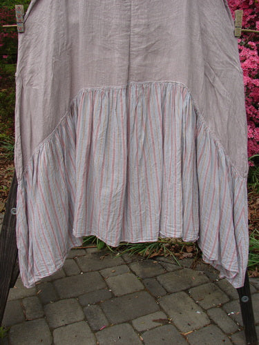Vintage Barclay Gauze Batiste Peasant Jumper in Unpainted Stripe Mallow, Size 2, from BlueFishFinder.com. Features a Cotton Gauze Upper, Batiste Stripe Lower, Scooped Neckline, Varying Hemline, and Exterior Wrap Pockets.