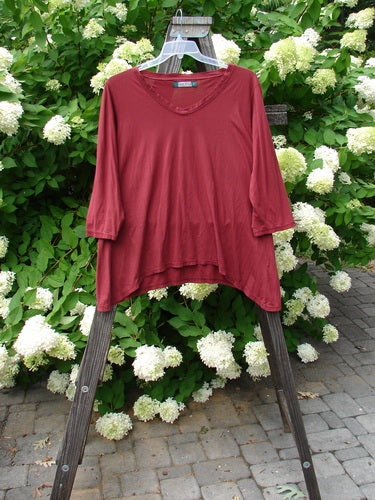 Image alt text: Barclay Tissue Raglan V Neck Layering Top in Maroon, featuring a red shirt on a rack.